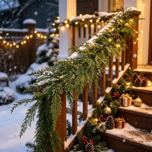 FAJUNZH 6FT Forest Green Cedar Garland with Layered Dimension - Soft Touch Greenery, Wired Branches, Realistic Holiday Decor