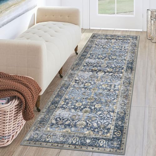 Vintage Washable Runner Rug 2x6 - Non-Slip Distressed Floral Hallway Carpet