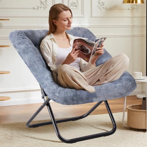 Oversized Faux Fur Saucer Chair, Folding Lounge Chair with Metal Frame