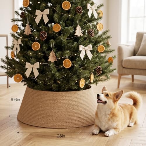Brown Christmas Tree Collar, Adjustable 28 Inch Woven Cotton Rope
