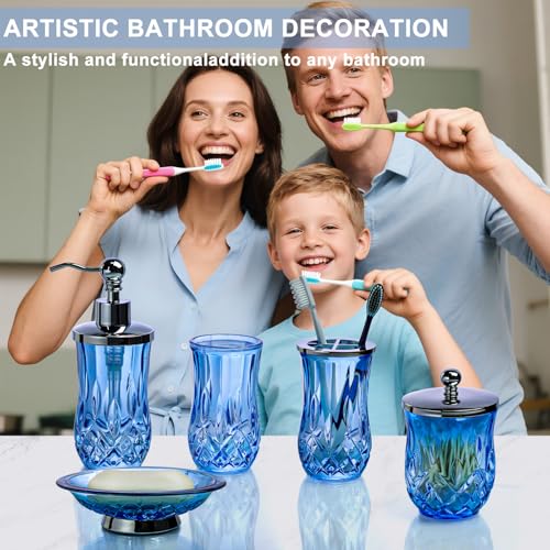 5-Piece Blue Glass Bathroom Accessory Set with Silver Pump and Holders