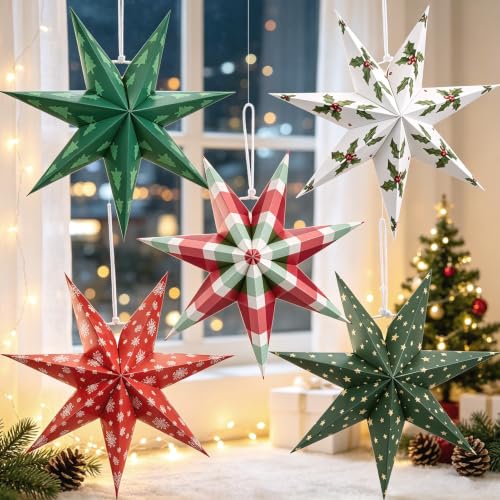 Paper Jazz Foldable 7-Point Star Lantern Ornaments - 5 Designs Indoor Xmas Decorations