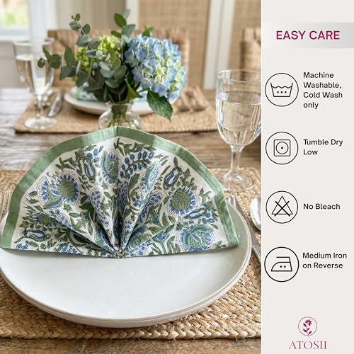 Clover Blue Cotton Dinner Napkins, Handblock Print 20x20 Inch Set of 4