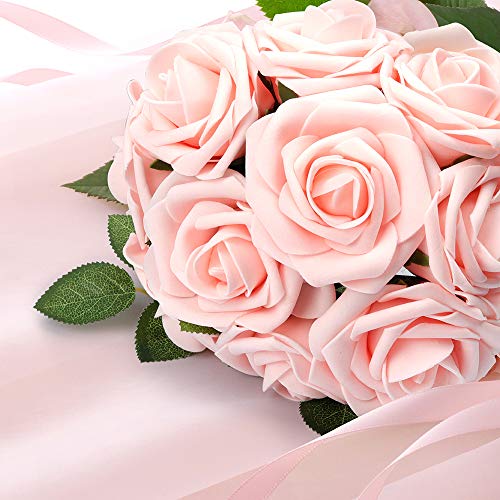 50 Pcs Blush Pink Artificial Roses Foam Flowers with Stems