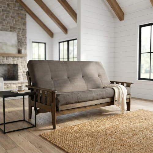 Full Size Futon Sofa Bed with Hardwood Frame in Rustic Walnut