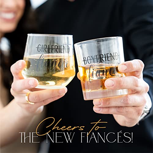 Engagement Gift Set for Couples with Whiskey Glass, Wine Glass & Stopper