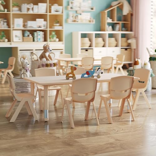 Kids Activity Table Set with 6 Chairs - Natural Finish, Adjustable Height