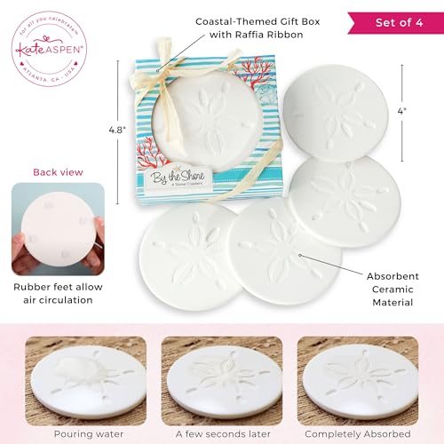 Kate Aspen White Sand Dollar Drink Coasters Set of 4 - Coastal Nautical Decor Gift