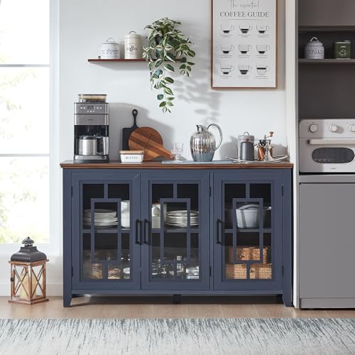 55-Inch Farmhouse Sideboard Buffet Cabinet with 3 Glass Doors, Navy Blue