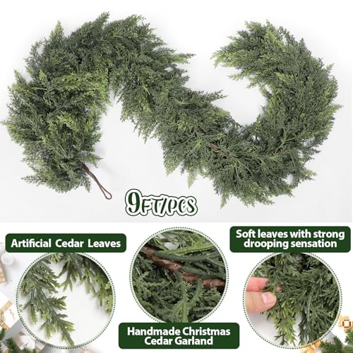 Waydress 9 ft Christmas Cedar Garland Mantel Decor - Realistic Artificial Greenery