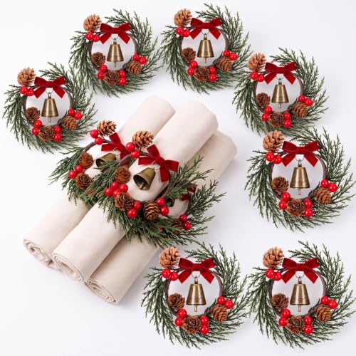 Rtteri 6 Pack Christmas Cedar Wreath Napkin Rings 3.15" Holiday Table Decor