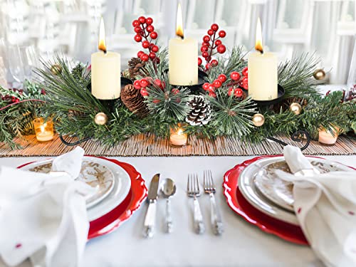 Christmas Candle Holder Centerpiece with Pine Cones & Red Berries (20-Inch)