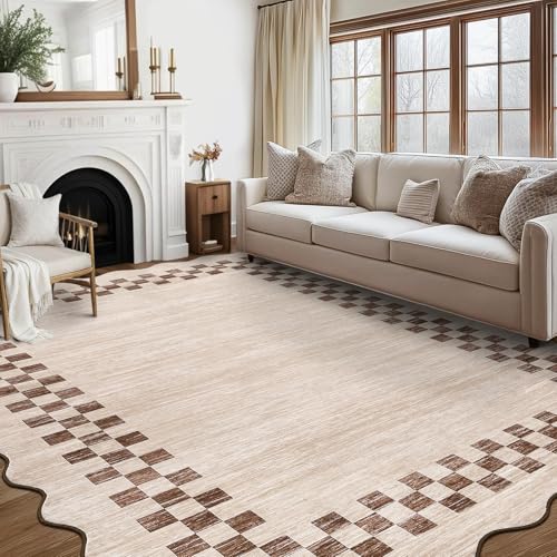 5x7 Scalloped Washable Area Rug - Non-Slip Stain-Resistant Beige Carpet