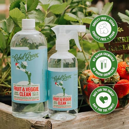 Rebel Green Fruit & Veggie Clean ? Plant-Based Produce Cleaner?Natural Fruit and Vegetable Wash with No Aftertaste ? Chemical & Wax Removal ? Made with Organic Extracts of Citrus ? Half Gallon