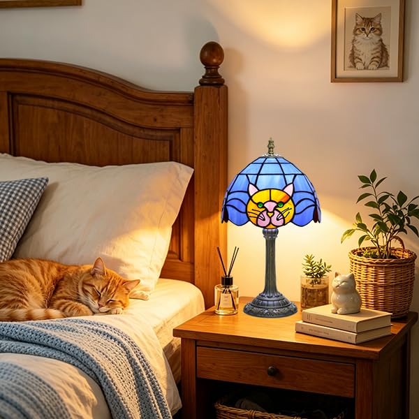 Creboco Cat Lamp Tiffany Orange Blue Glass Table Lamp Cat Lovers Gift Variation: Cat Lamp