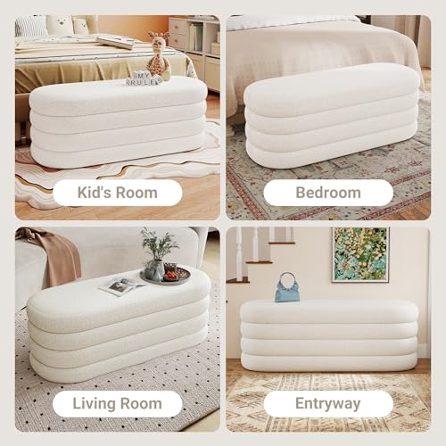 49-Inch Upholstered Oval Storage Ottoman Bench - Ivory Fabric