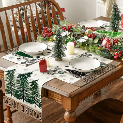 Artoid Mode Green Pine Trees Christmas Placemats Set of 4, 12x18 Inch Holiday Table Decor