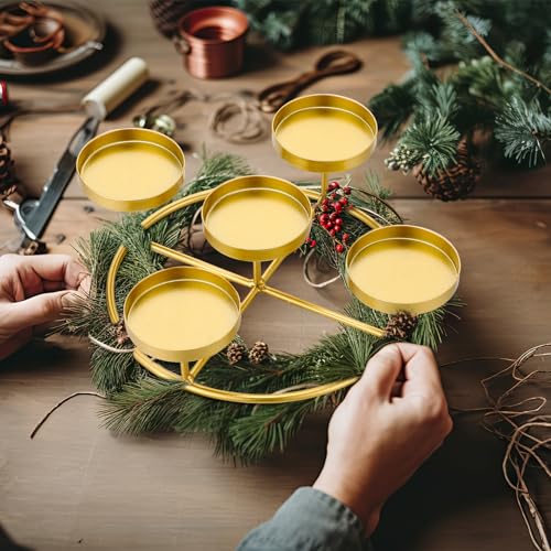 Newtay Gold 7.87-inch 5 Pillar Advent Wreath Candle Holder with Metal Ring - Xmas Decor