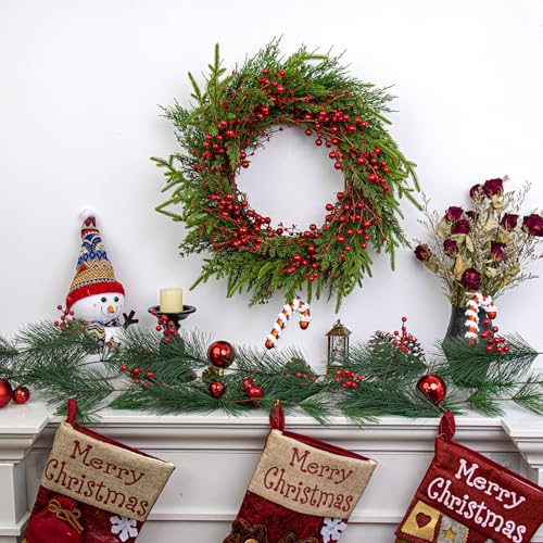 20-Inch Classic Christmas Wreath with Red Berries & Norfolk Pine - Rustic Front Door Decor