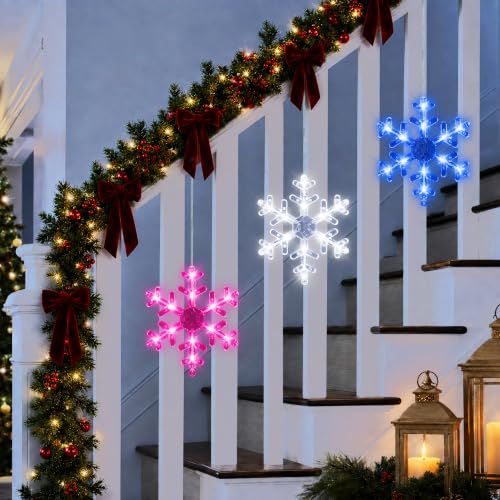 Christmas Window Decorations Snowflakes 3 Pack Battery Operated LED Lights with Suction Cups