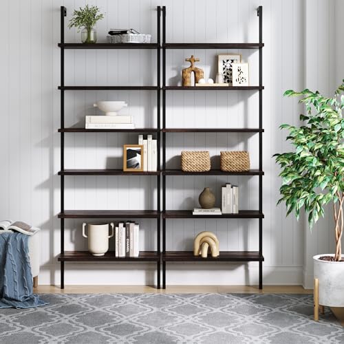 6-Tier Industrial Wall Mount Bookcase, Wood and Metal Open Shelf Set of 2