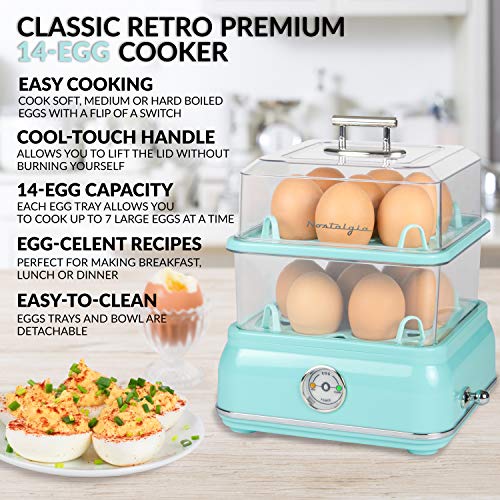 Nostalgia CLEC14AQ Retro Premium 14 Capacity Electric Large Hard-Boiled Egg Cooker, Poached, Scrambled, Omelets, Whites, Sandwiches, for Keto & Low-Carb Diets, Aqua