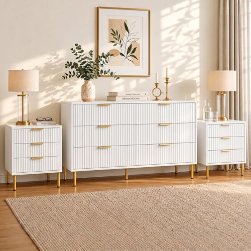 White and Gold 3-Piece Bedroom Dresser & Nightstand Set - RIHHA Velaire Collection