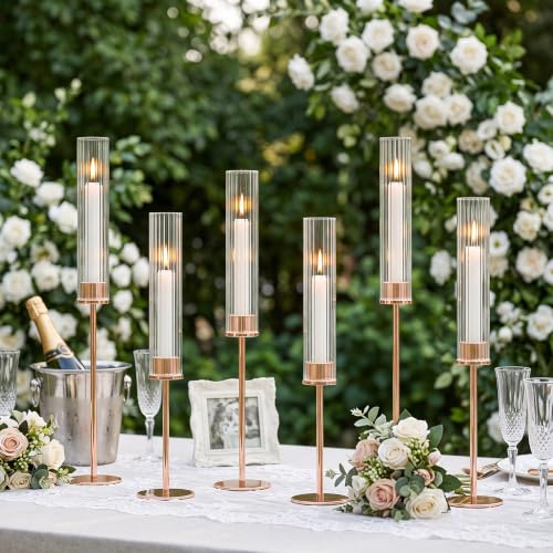 COZYLIA Set of 6 Tall Gold Hurricane Candle Holders for Candles, Indoor & Outdoor