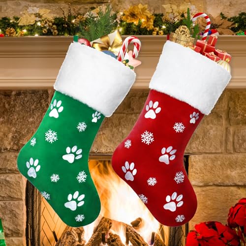 2Pcs Christmas Stockings Velvet Red & Green with Snowflake Paw Embroidery, 18in