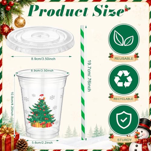 FoldTier 100 Pack Christmas Plastic Cups with Lids and Straws - Holiday Tree Design