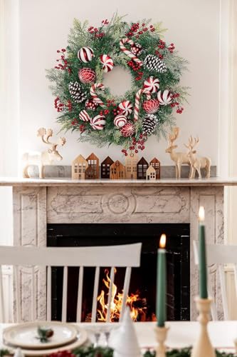 Red 24-Inch Christmas Door Wreath with Candy Canes Pinecones Berries - Indoor & Outdoor Decor
