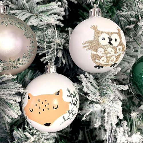 16ct Green Christmas Ball Ornaments Set with Gift Box – Shatterproof Forest Animal Theme, 2.4”