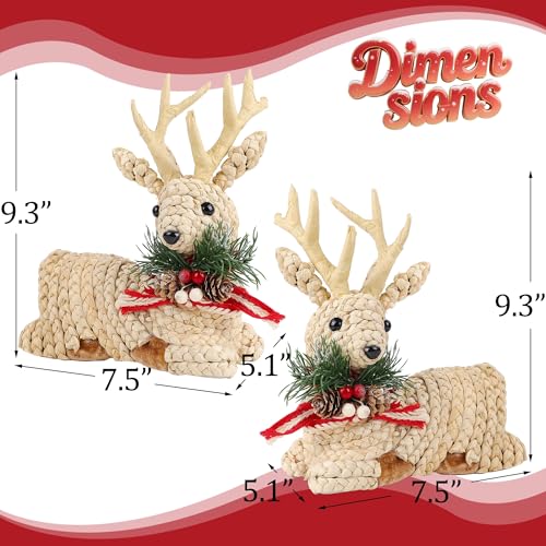 Lulu Home Set of 2 Rustic Straw Reindeer Christmas Tabletop Decor - Natural Straw