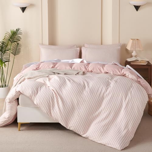 Queen Duvet Cover Set - Striped Pink Microfiber, 3 Pieces