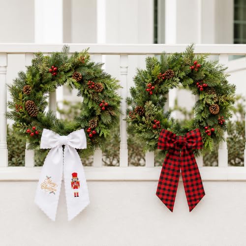 Christmas Wreath Sash Set - White Embroidered & Red Buffalo Plaid Ribbons - Holiday Door Decor - Variation: Red Black Plaid / 1 Set