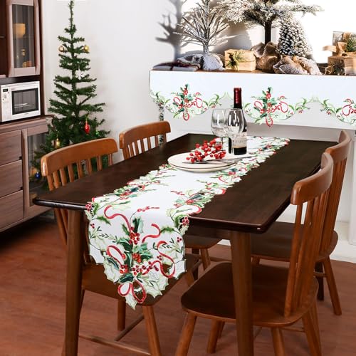 Grelucgo Embroidered Holly Leaves Table Runner 14x70in - Satin Holiday Home Decor