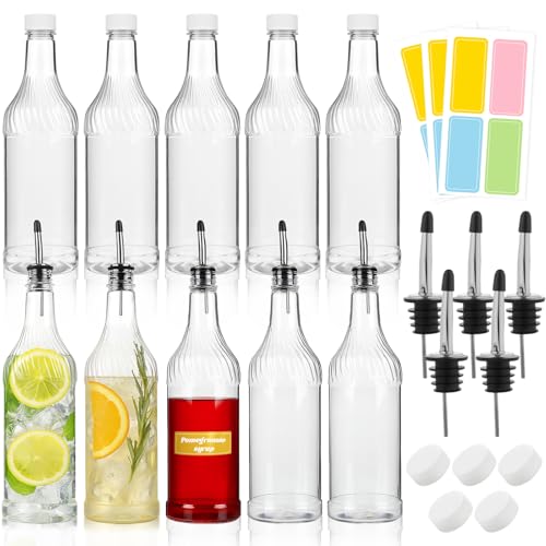 20 Pack 32oz Plastic Liquor Bottles with Pour Spouts for Bar, Juice & Beverage Storage