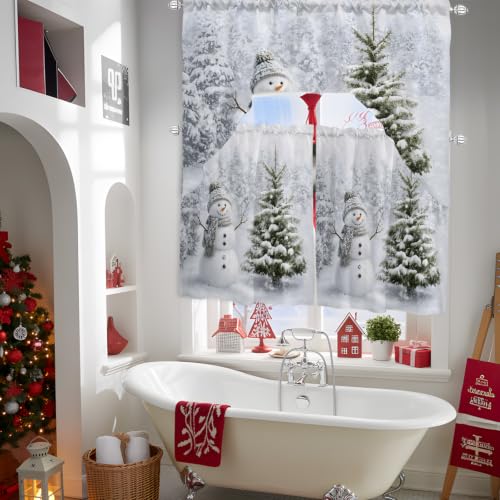 Jnbasdffb Christmas Kitchen Curtain and Valance Set 3 Pieces - 27.5"W x 24"L Snowman Pine Tree Short Tier & Swag, Grey White Green