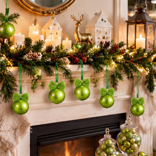 Suncalla Lime Green Christmas Ball Ornaments 12 Pcs with Bows – Glitter Xmas Tree Decor