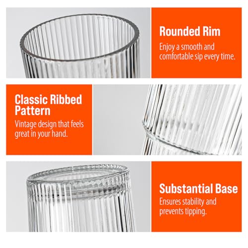 20oz Ribbed Glass Tumblers with Lids and Straws, 4-Piece Set