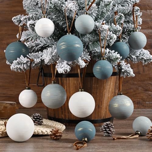 Waipfaru 14Pcs Neutral Textured Christmas Ball Ornaments, 2.36"/3.15", White Gray Dark Blue – Shatterproof, Coastal Winter Twilight