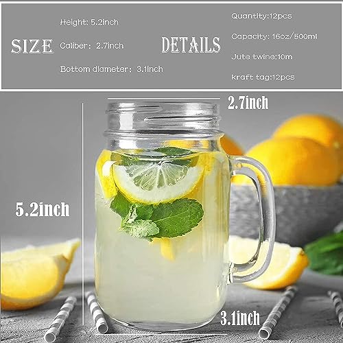 16oz Mason Jar Mugs with Handles and Lids - Set of 12 Glass Drinking Cups
