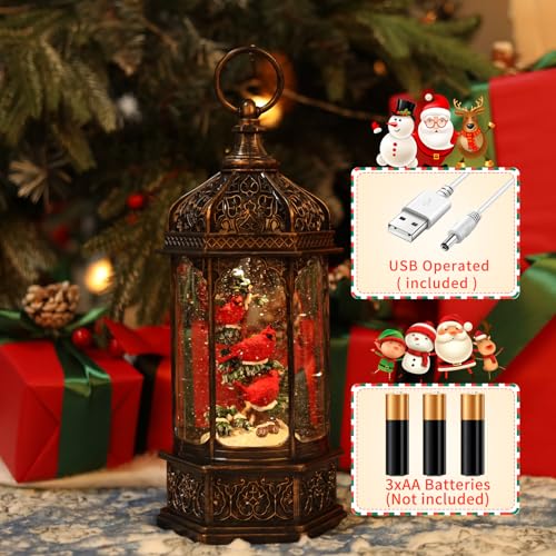12.6 Inch Cardinal Snow Globe with Music & Lights - Christmas Decor, USB Powered, Gift Idea