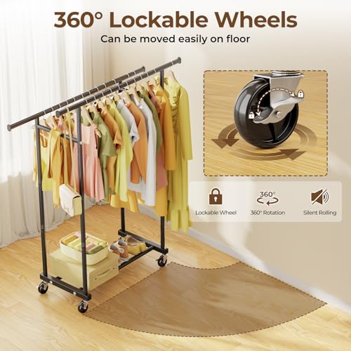 Double Rod Rolling Clothing Rack with Wheels and Bottom Shelf