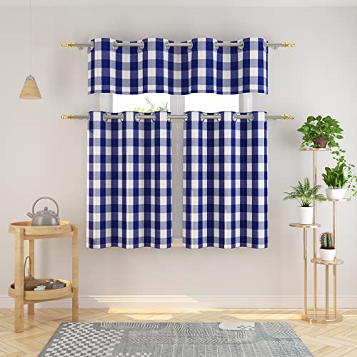 Buffalo Check Curtains 36" Long Grommet Top Window Panels - Navy Blue & White (Set of 2)