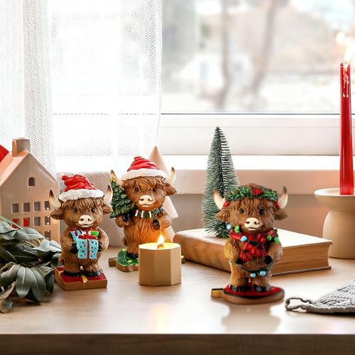 Foilswirl 3-Pcs Christmas Highland Cow Figurines – Highland Cow Desk Decor (Variation: Christmas)
