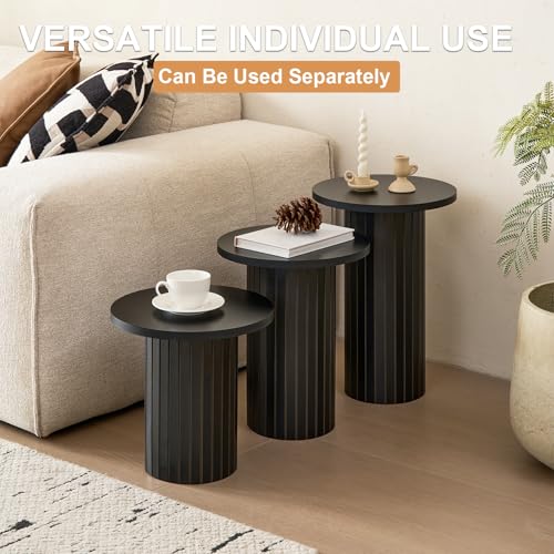 3-Piece Modern Nesting Coffee Table Set with Fluted Drum Base, Black