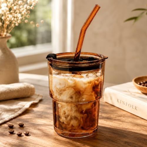 13oz Glass Iced Coffee Tumbler with Lid and Straw, 2-Piece Reusable Cup