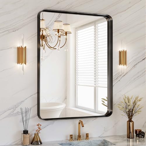 30x36 Inch Matte Black Bathroom Wall Mirror, Shatterproof Tempered Glass