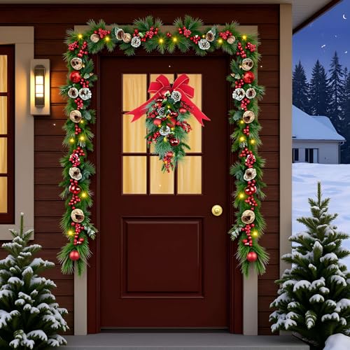 24-Inch Pre-Lit Christmas Teardrop Swag with Fairy Lights & Pine Cones